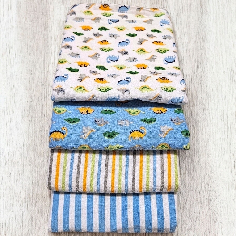 Gerber Flannel Baby Blankets 4-Pack 100% Cotton Dinosaurs & Stripes 30x30